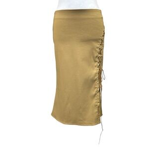 Poetry Clothing Tan Side Lace Up Stretch Midi Skirt Boho Festival